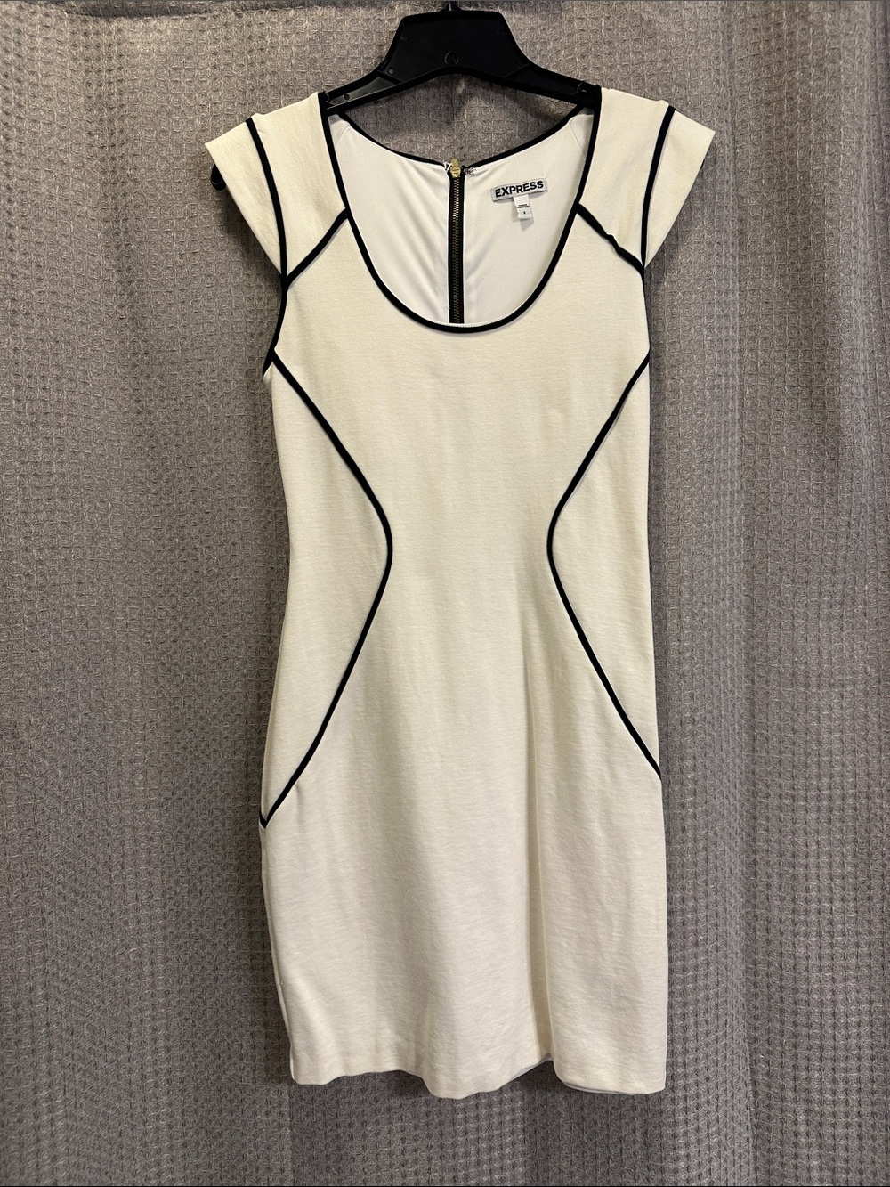 Express White bodycon Dress with Black Piping detail and zipper